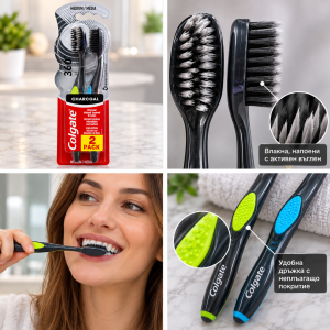 Colgate 360° Charcoal Medium Четка за зъби със средно твърди, заострени влакна с активен въглен - 2 бройки
