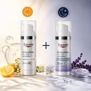 Eucerin® Hyaluron-Filler+Longevity Комплект против стареене Дневна грижа SPF 30 + Нощна грижа + несесер , 2x50ml