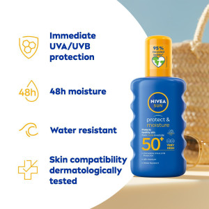 Nivea Sun Protect & Moisture Слънцезащитен спрей Хидратиращ с  незабавна защита, SPF50+ , 200ml